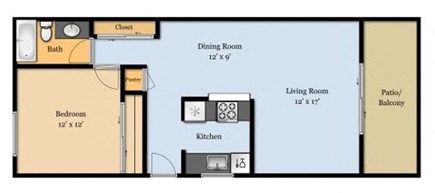 Floor plan for 1 bed, 1 bath, 720 sqft
